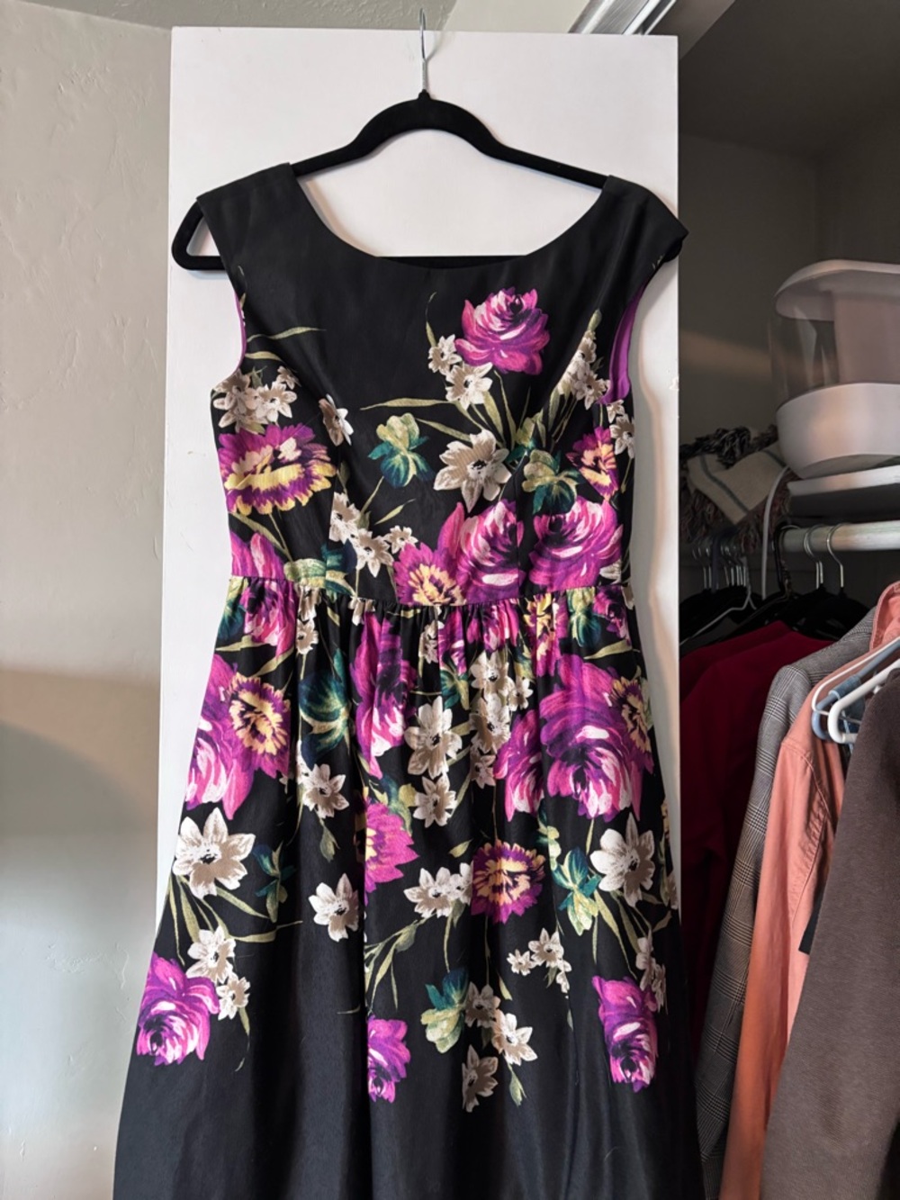 Eliza J Black Floral Dress with Bright Pink & Teal Accents